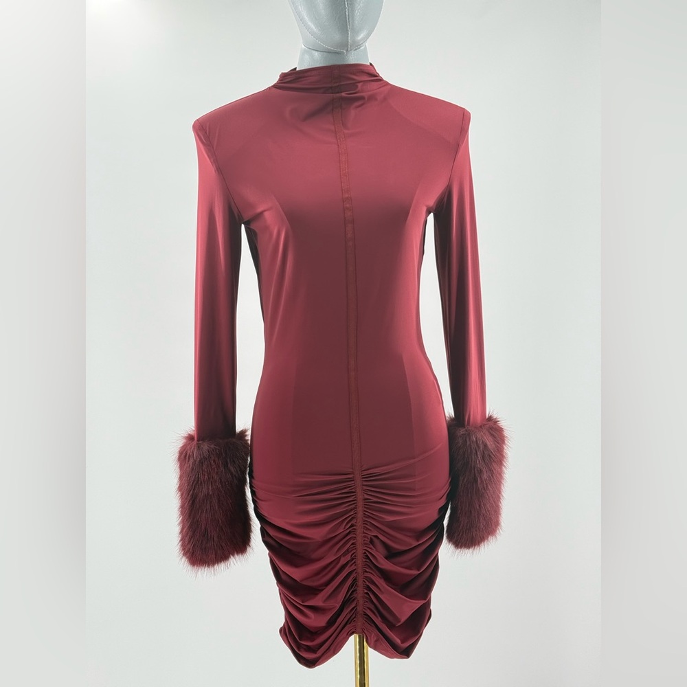 🆕 BRONX & BANCO 🧿 NWOT Eleanor Burgundy Fur Trimmed Mini Dress, Sz L US 8 - Picture 3 of 17